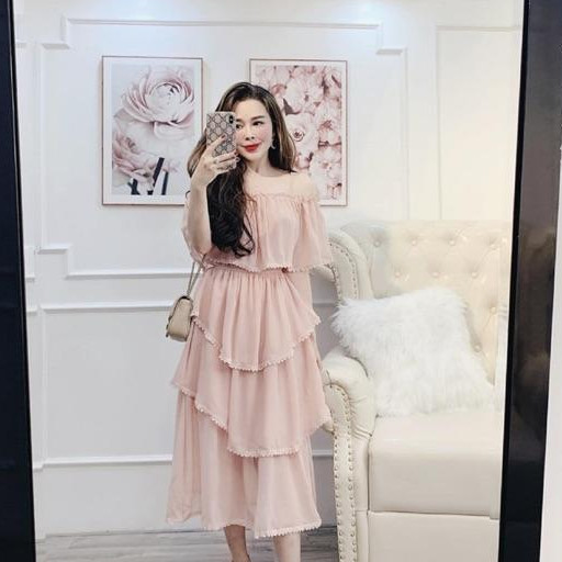 VÁY LỤA TẦNG TRỄ VAI