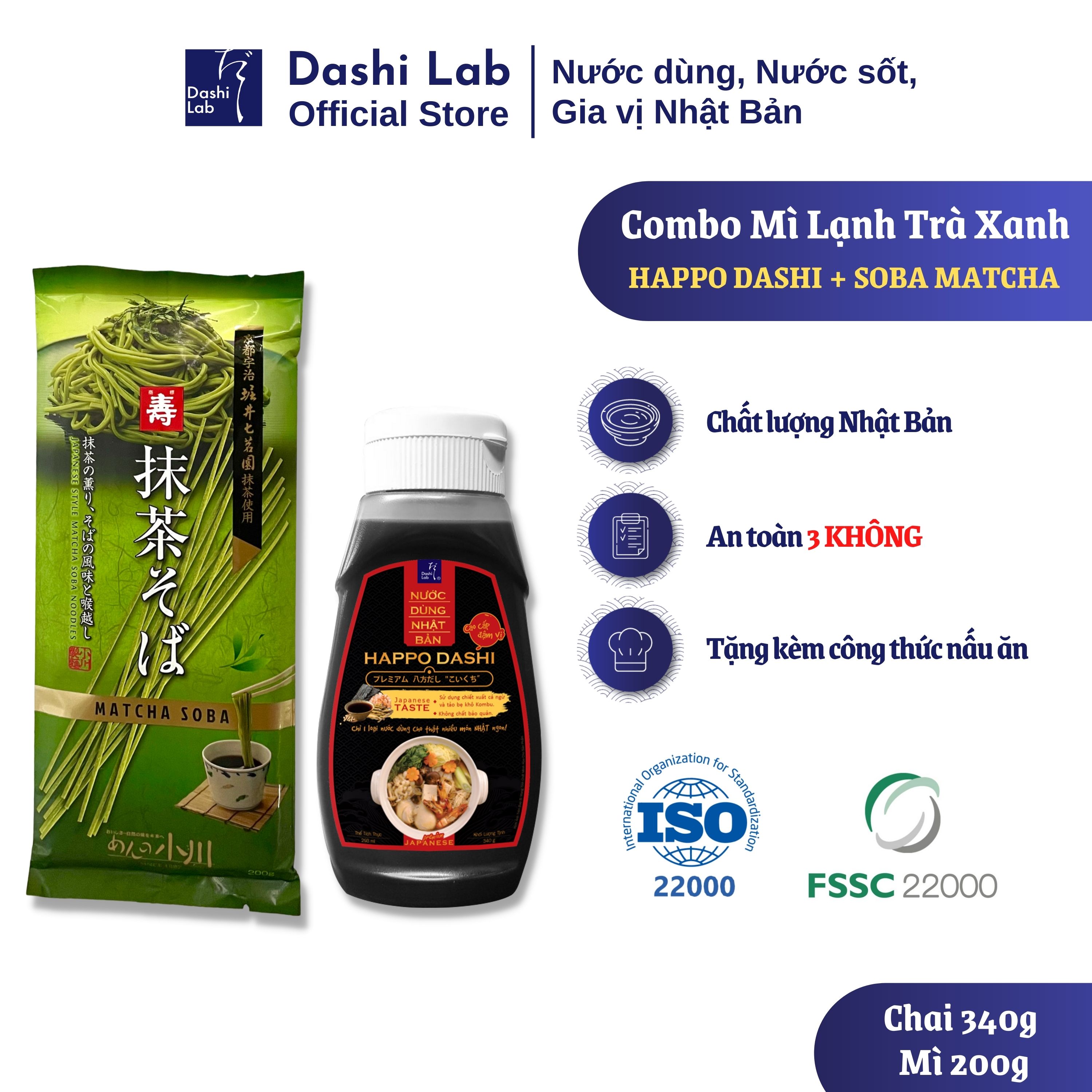 Combo Nước Dùng HAPPO DASHI Nhật Bản DASHI LAB 340g Và 1 Gói MÌ SOBA MATCHA 200g Hương Vị Truyền Thống Đậm Đà
