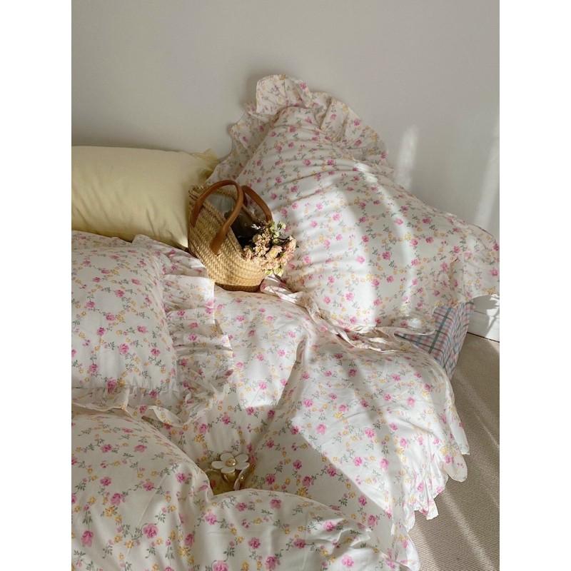 Bộ Chăn Ga Cotton 100% Phong Cách Hàn vintage Hàng Nhập Khẩu Cao Cấp 4 Món