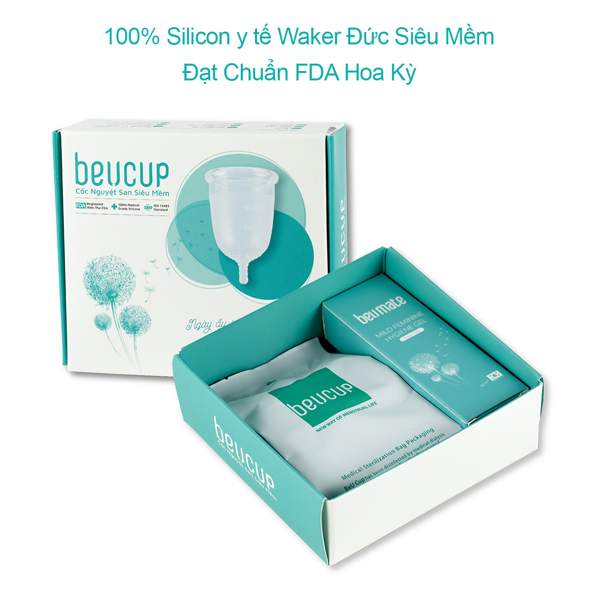 Bộ sản phẩm Cốc nguyệt san BeUcup 100% Silicone y tế Waker Đức kháng khuẩn siêu mềm, đạt chuẩn FDA Hoa Kỳ JN-CNS01