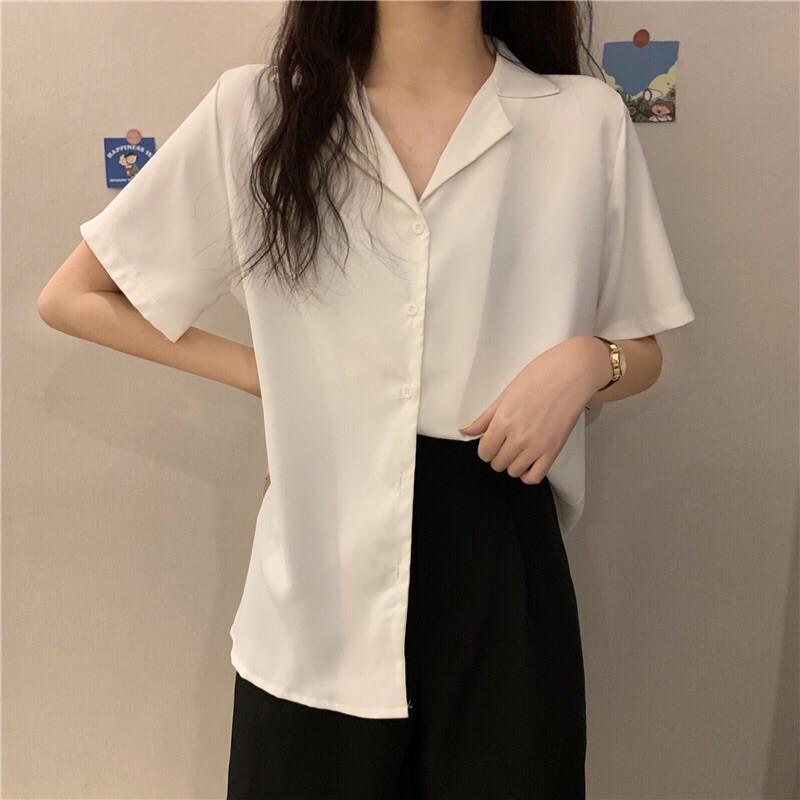 Áo Sơ Mi Tay Ngắn Cổ Vest Trơn Nam Nữ Unisex