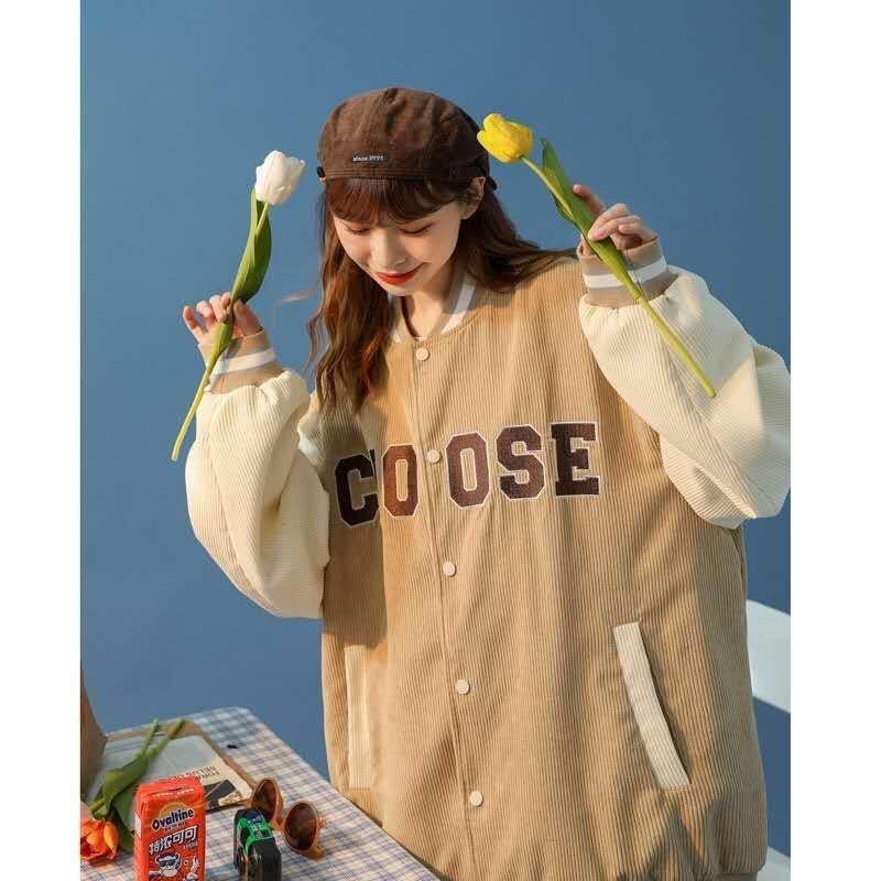 Áo khoác nữ bomber free size, áo bomber cho nữ nhung tăm CHOOSE bóng chày cute 2 màu đen và kem