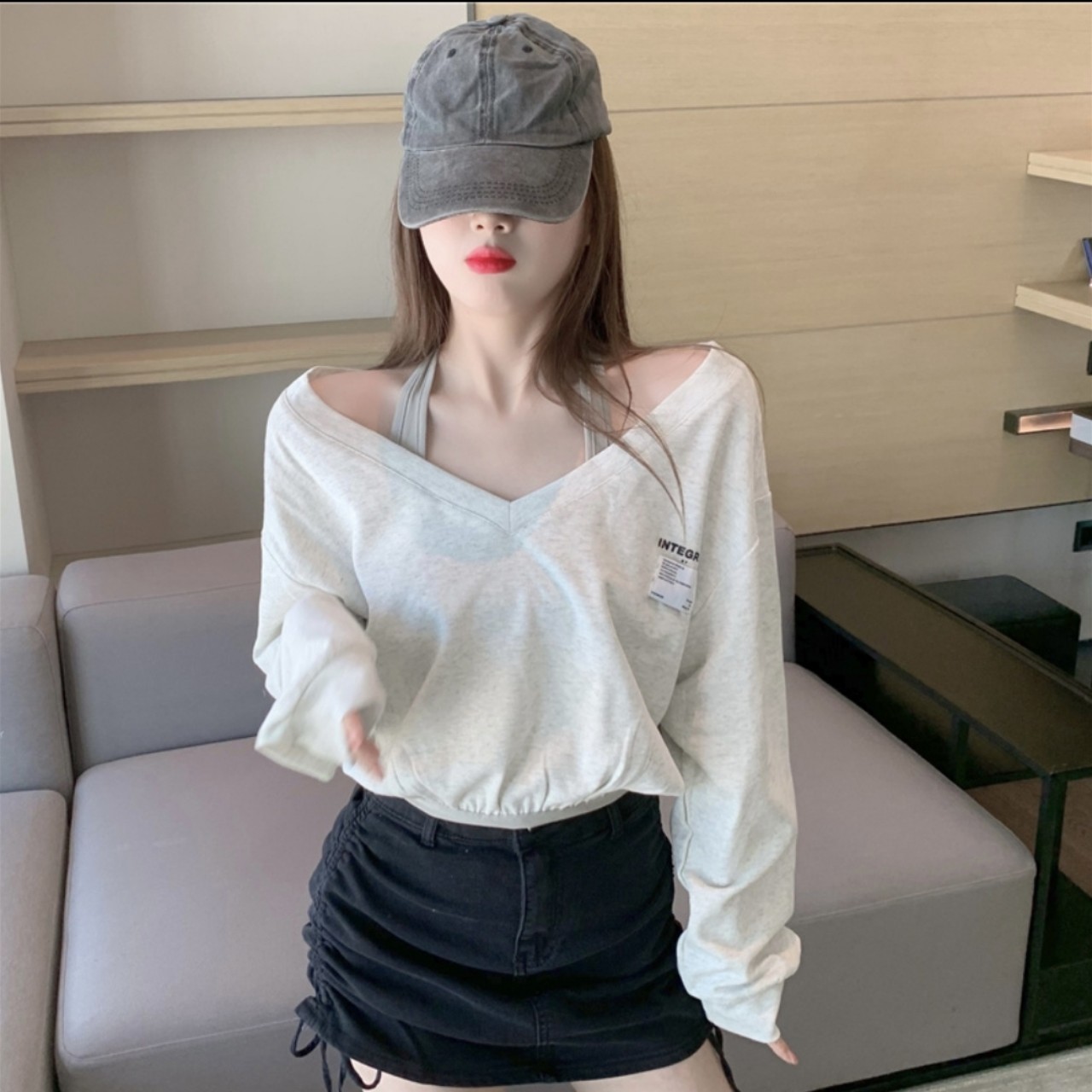 Áo Croptop Nữ SHI Tay Dài Có Dây Rút Vải Thun Da Cá Tici Phong Cách Ulzzang