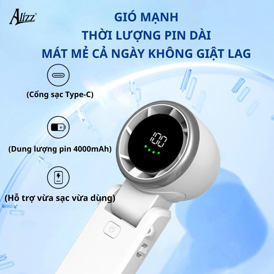 Quạt Cầm Tay Alizz Gấp Gọn Siêu Mát Al-14056 Màn Hình Led Kỹ Thuật Số Cao Cấp