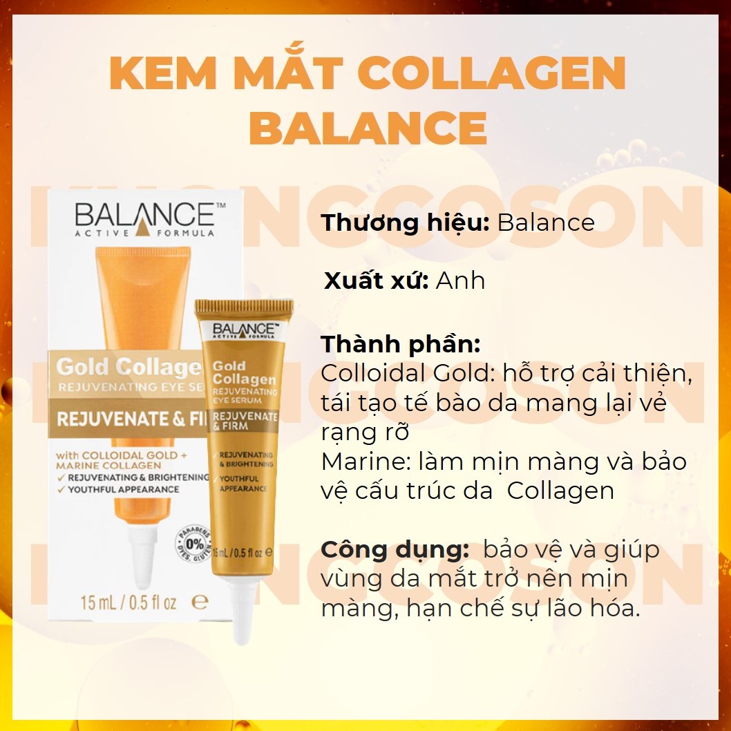 Kem Dưỡng Mắt Balance Giúp Giảm Thâm Và Tái Tạo Da Mắt Active Formula Gold Collagen Rejuvenating Eye 15ml + Tặng Kèm Bông Tẩy Trang 50 Miếng