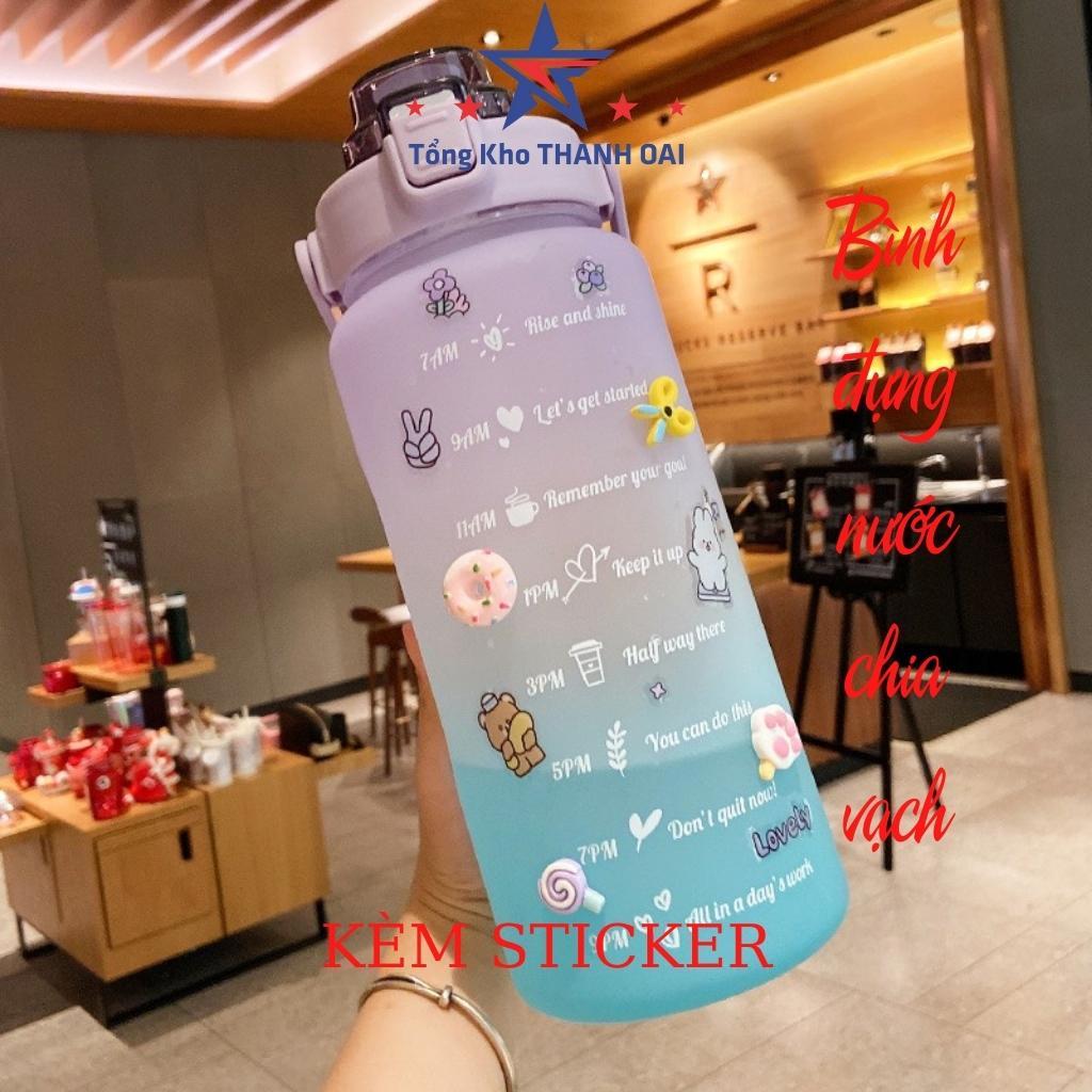 Bình đựng nước 2 lít có vòi và vạch chia nhắc giờ nhắc nhở cho người lười uống nước kèm sticker