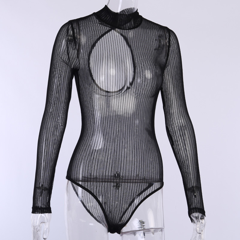 [Có Sẵn + Vải đẹp] Áo Bodysuit lưới sọc mịn đen dài tay khoét lưng cổ lọ Nữ độc đáo quyến rũ Hot