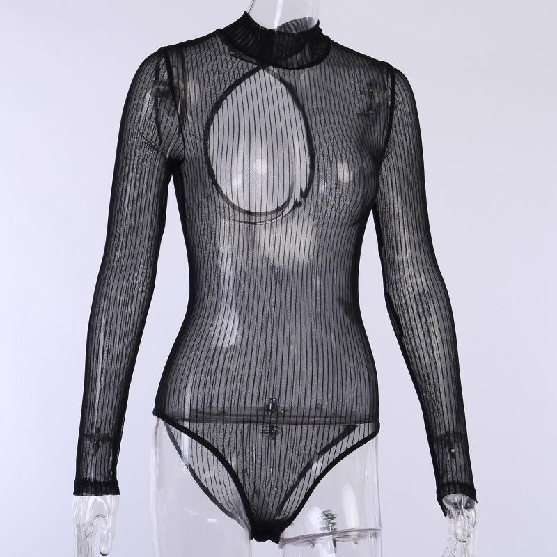Áo Bodysuit lưới sọc mịn đen dài tay khoét lưng cổ lọ Nữ độc đáo quyến rũ Hot