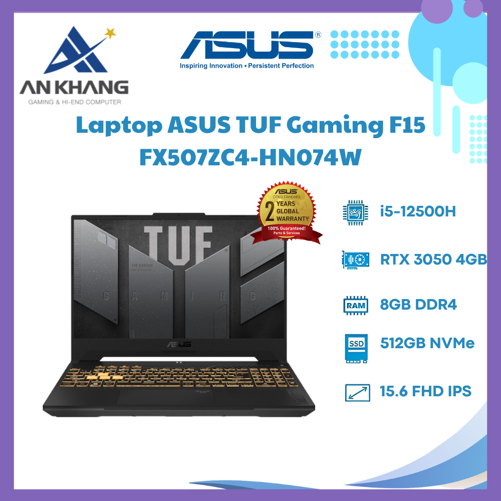 Laptop Asus TUF Gaming F15 FX507ZC4-HN074W (Intel Core i5-12500H | 8GB | 512GB | RTX 3050 4GB | 15.6 inch FHD 144Hz | Win 11 | Xám) - Hàng Chính Hãng - Bảo Hành 24 Tháng