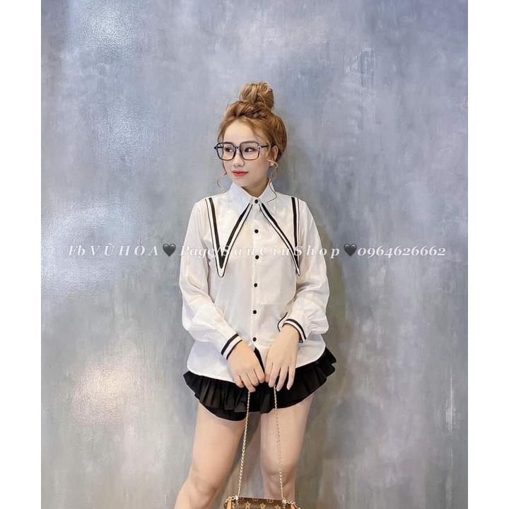 Áo sơ mi nữ trắng bèo cổ chất voan cực đẹp Kanimi