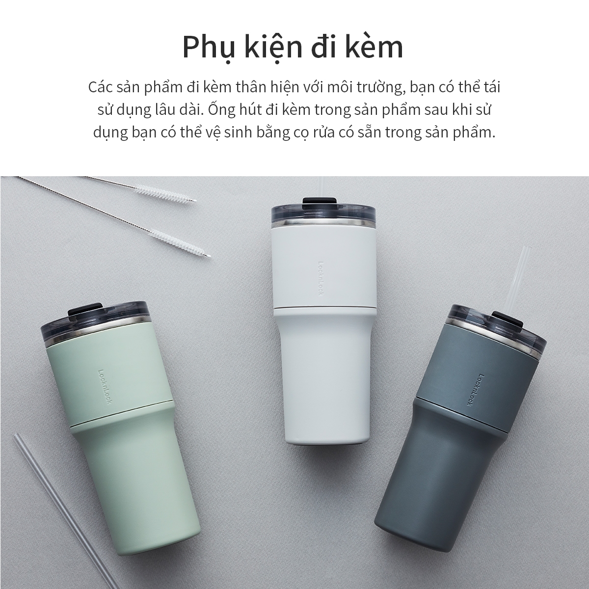 Bình giữ nhiệt LocknLock Metro Drive màu xám LHC4277SGRY 650ml - Hàng chính hãng, kèm ống hút cọ rửa, thiết kế nắp xoay - JoyMall