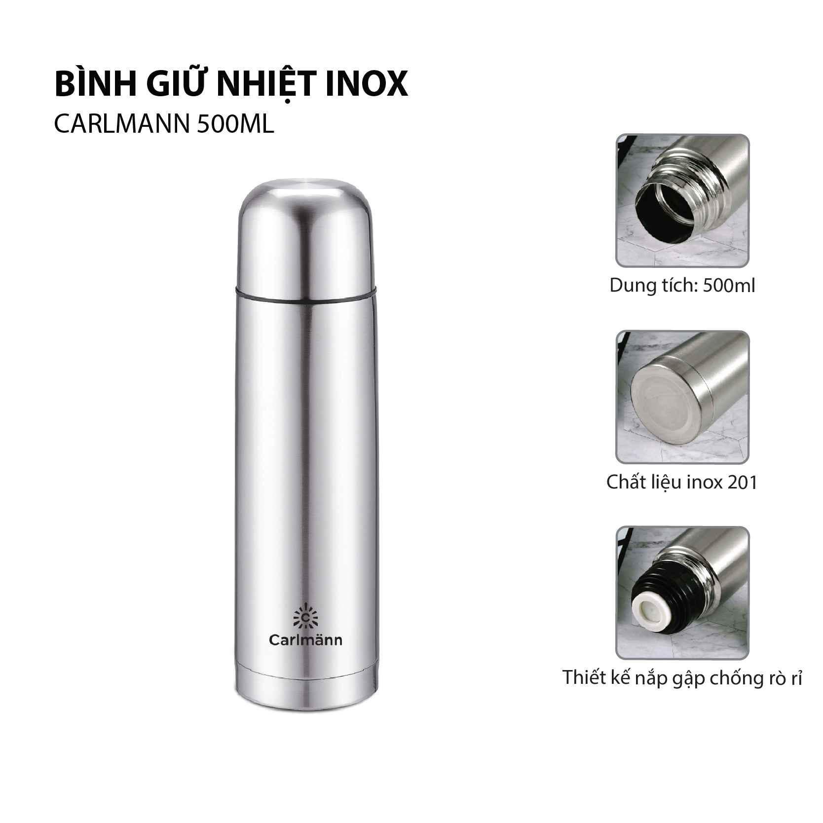 Bình nước giữ nhiệt inox Carlmann 500ml - BES523