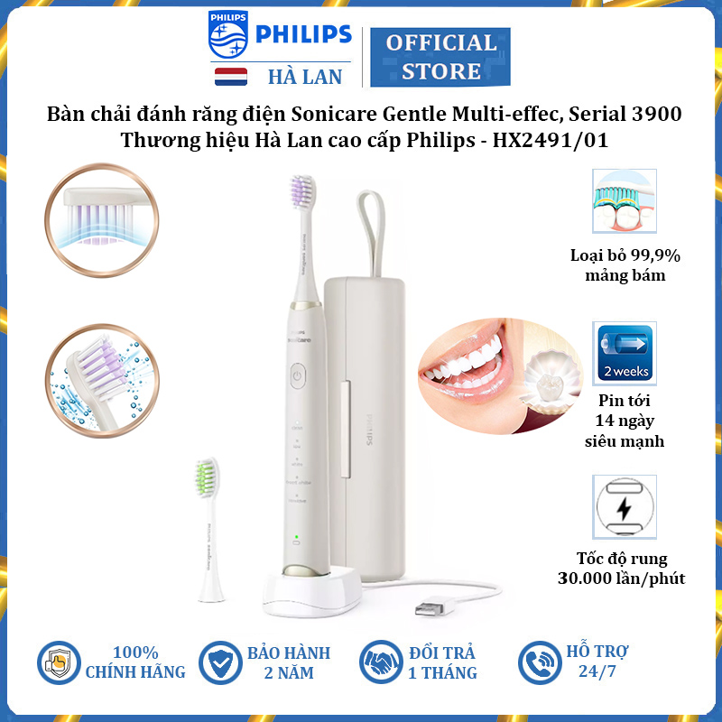 Bàn chải đánh răng điện Philips Sonicare Gentle Multi-effec Serial 3900 HX2491/01 - Hàng Chính Hãng