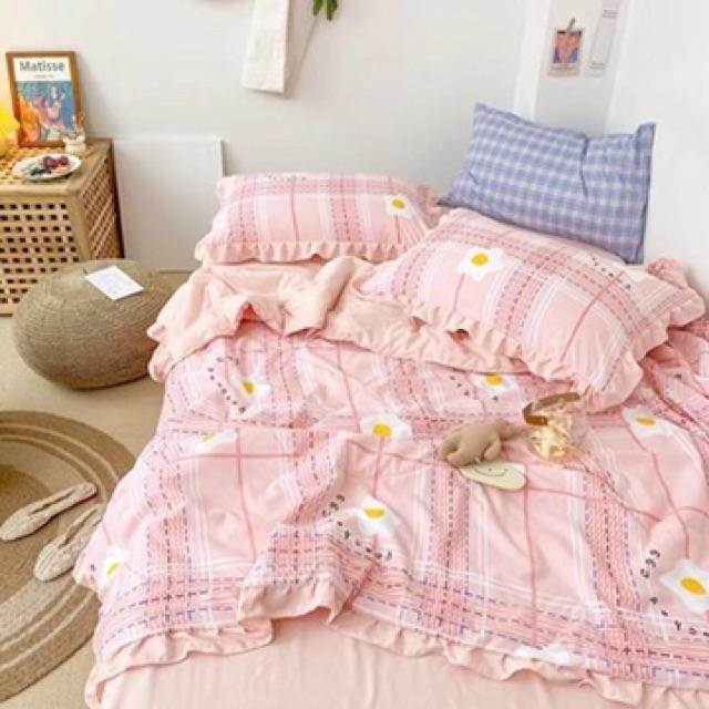 Set Cotton Đũi Hàn Quốc Hàng Nhập Khẩu Cao Cấp 4 Món Chăn Trần Liền Hoa Kẻ Hồng