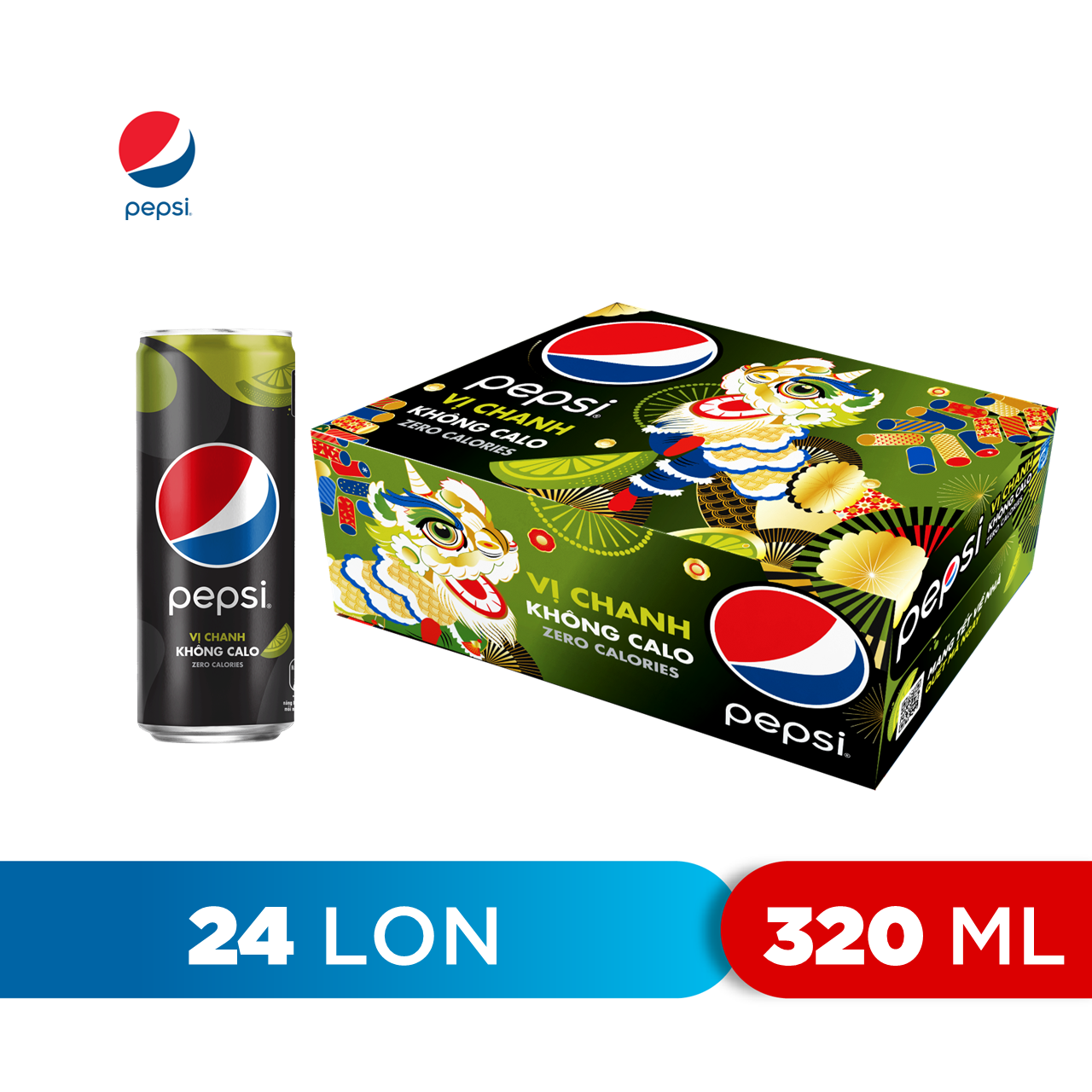 Thùng 24 Lon Nước Uống Có Gaz Pepsi Vị Chanh Không Calo (320ml/Lon)
