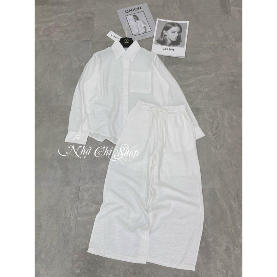 Set áo sơ mi quần ống rộng bộ đũi trắng MIX đồ đi chơi cực sang chất vải đũi mặc vừa nhẹ vừa mát-HASCOO DD
