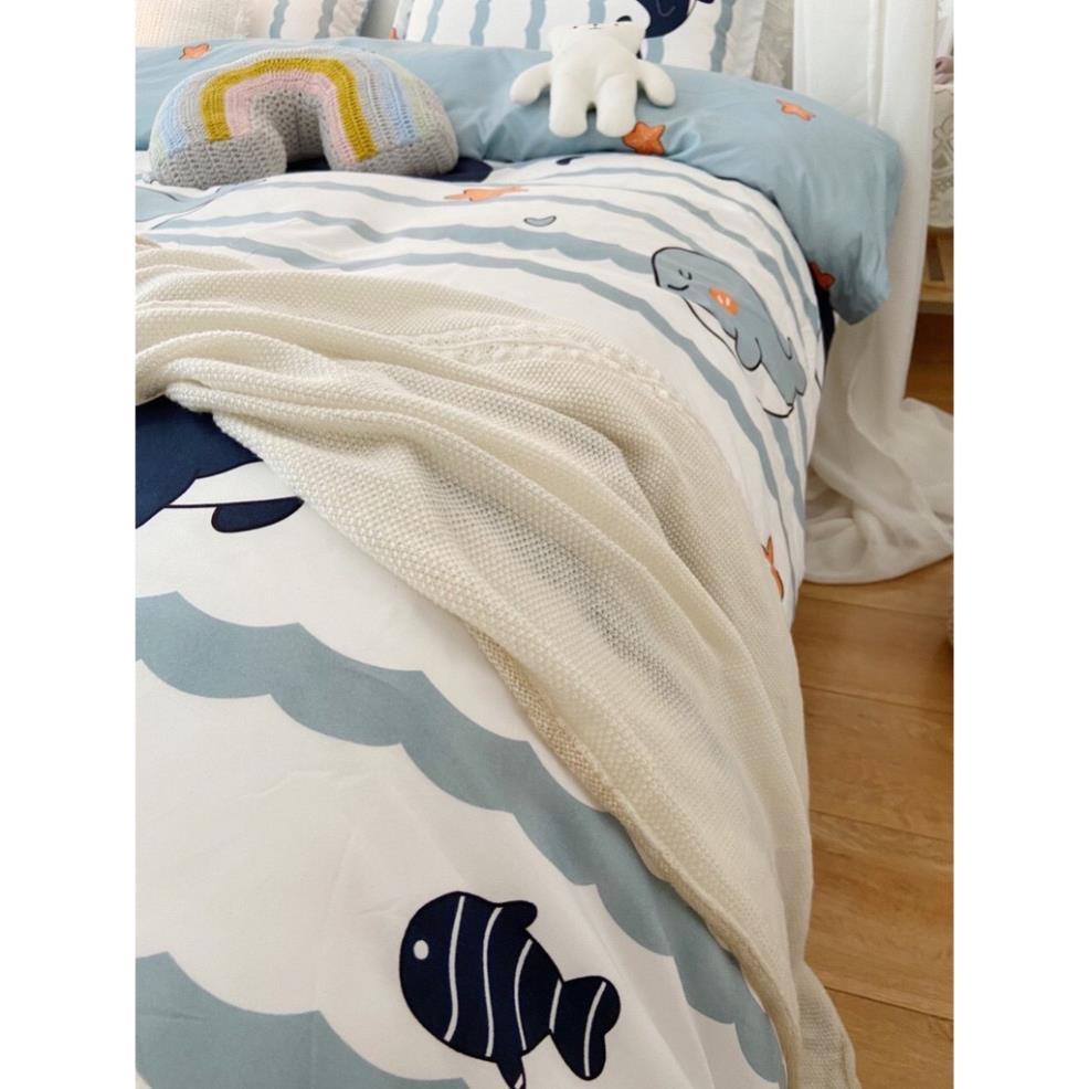 Bộ chăn ga gối , coton poly họa tiết Cá heo, Chăn ga đủ size miễn phí bo chun