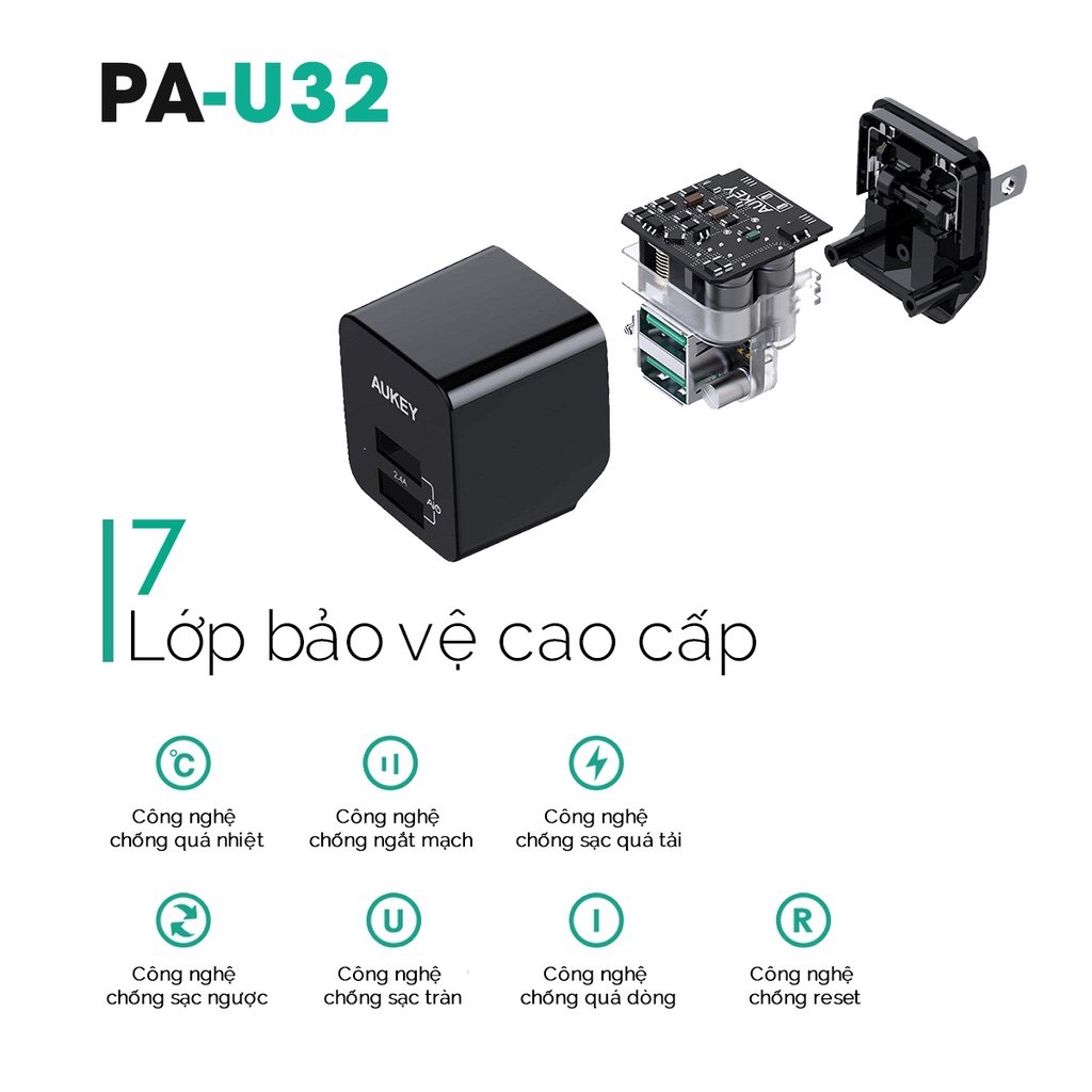 Adapter Sạc 2 Cổng 12W Aukey PA-U32 - Hàng Chính Hãng