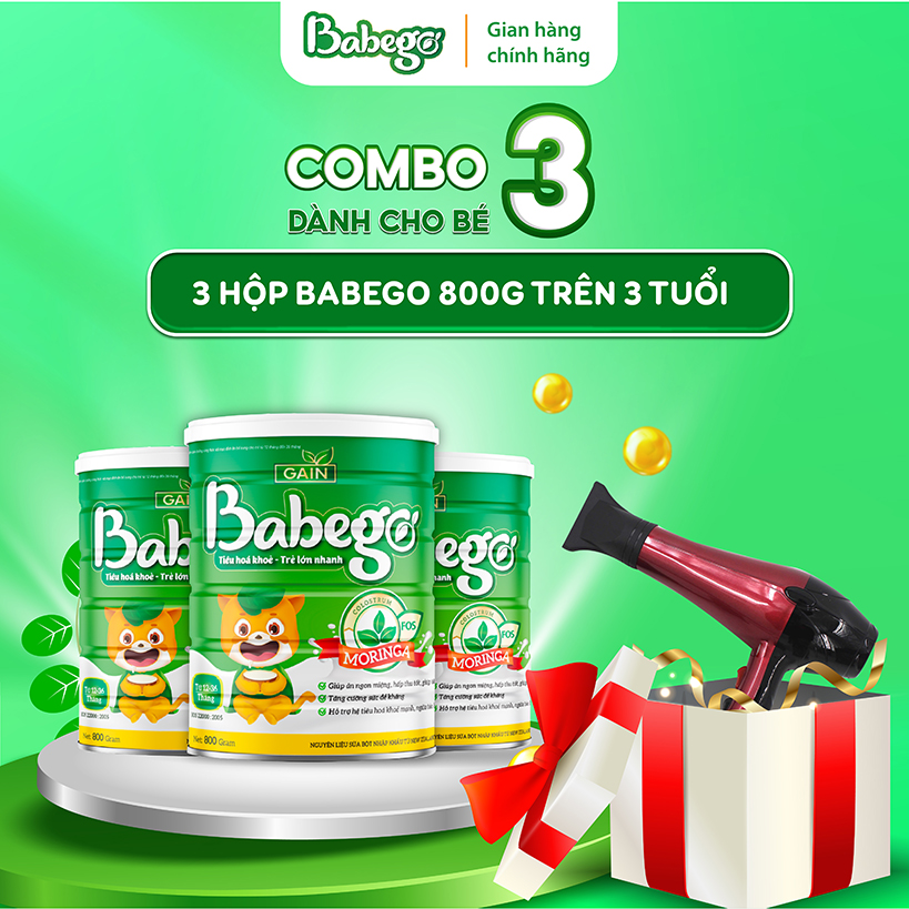 Combo 3 lon sữa mát tăng cân, cải thiện biếng ăn, táo bón Babego 3 tuổi trở lên