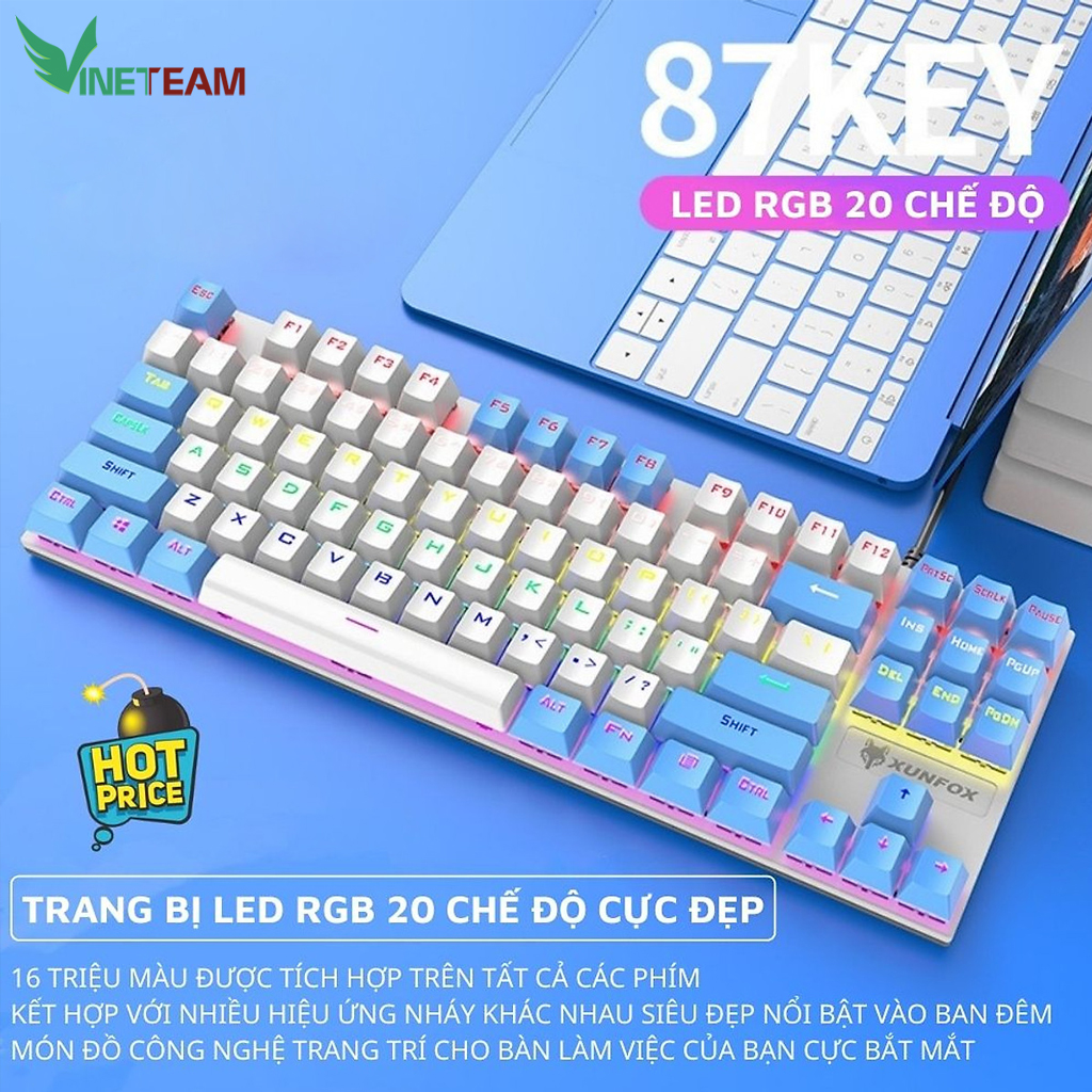 Bàn phím cơ gaming Vinetteam K80/K2/K550 led rgb 20 chế độ nháy cực đẹp, phím cơ gõ siêu đã, thiết kế nhỏ gọn dùng cho máy tính, laptop bản cao cấp 2023 - hàng chính hãng