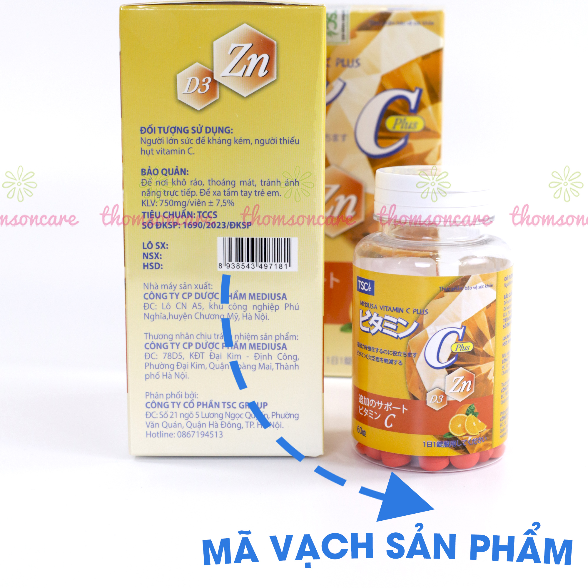 Vitamin C có kẽm Mediusa giúp trắng da, ngừa mụn, tăng đề kháng- Bổ sung vtm C - Hộp 60v Thomsoncare