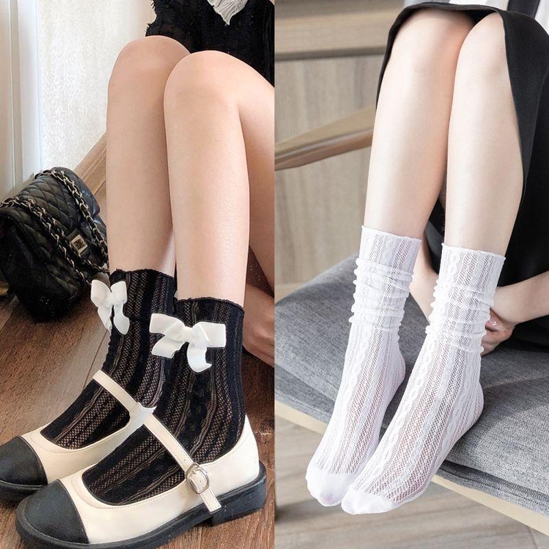 ất, vớ LƯỚI NHÚN ĐÍNH NƠ VÂN THỔ CẨM chất ren, cao cổ phong cách Lolita Nhật Bản cá tính, thoáng mát cho nữ Women