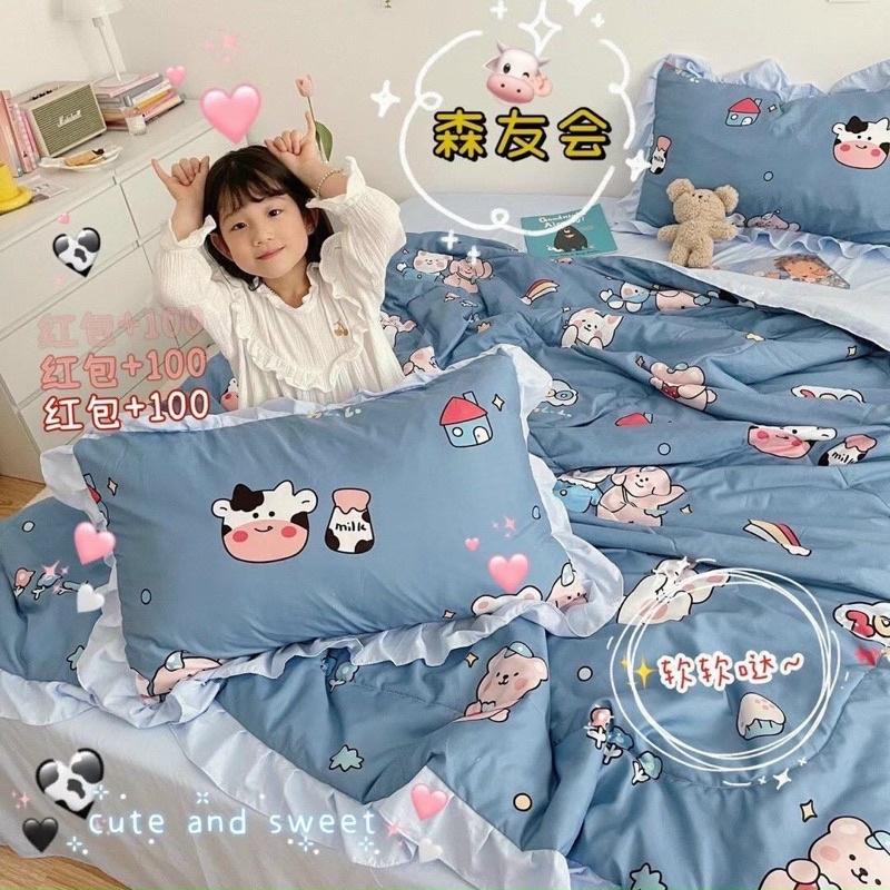 Bộ Chăn Ga Gối Cotton Đũi Bèo Chăn Chần Hè Cao Cấp Mẫu Mới 2021