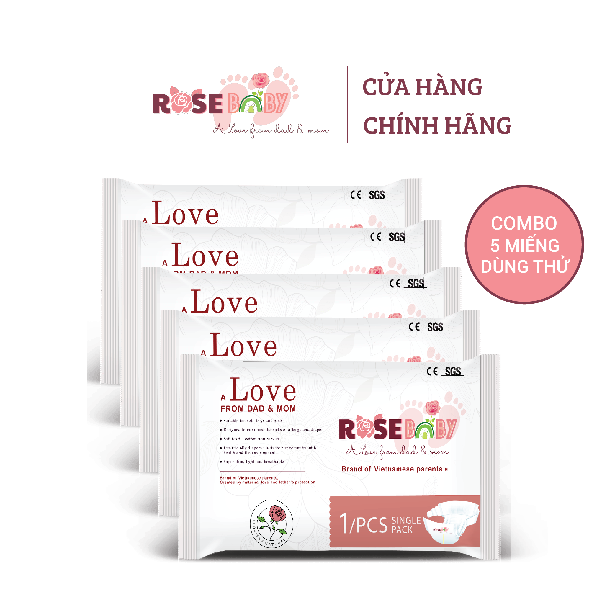 Set 5 Miếng Bỉm Dán ROSE BABY Dùng Thử Size NB