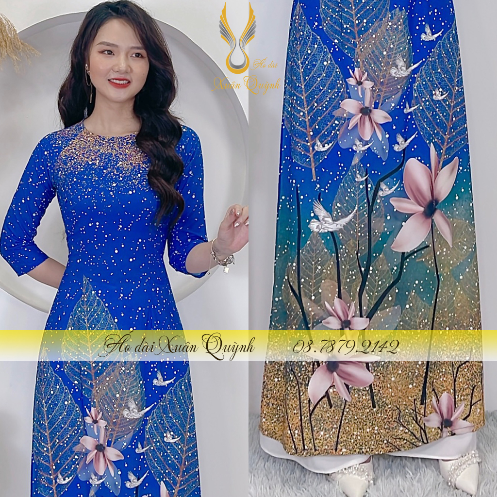 Áo Dài Truyền Thống Hoa Phối Chấm Bi Sang Trọng, Thanh Lịch Lụa Habutai Cao Cấp K66