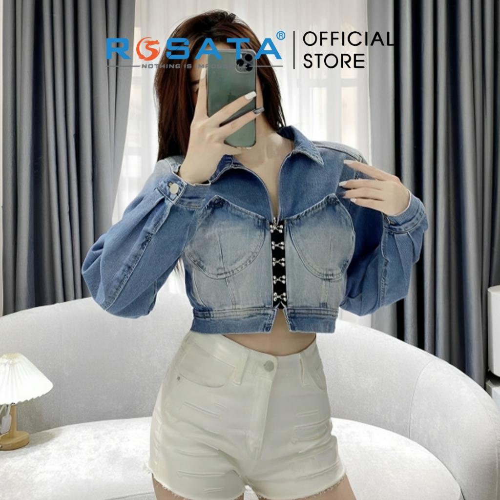 Áo khoác nữ ROSATA K17 croptop jeans túi hộp tay dài cao cấp Freesize khóa dây kéo thoáng mát xuất xứ Việt Nam