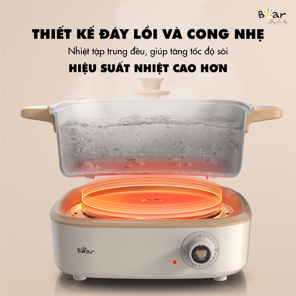 Nồi lẩu điện đa năng Bear DHG-C40M1, dung tích 4L, dùng để chiên, xào, hấp, luộc - Hàng chính hãng