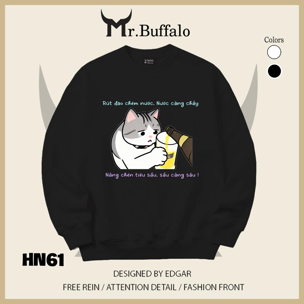 Áo sweater thu đông form rộng in hình hài hước đi nhậu Mr.buffalo - [HN15] Áo Trắng