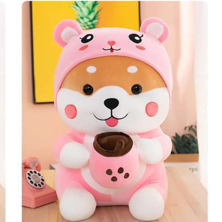 Thú nhồi bông shiba má hồng ôm bình sữa đáng yêu - Size từ 45cm đến 55cm - Quà tặng gấu bông shiba cosplay gấu trúc, thỏ êm mịn cho bé