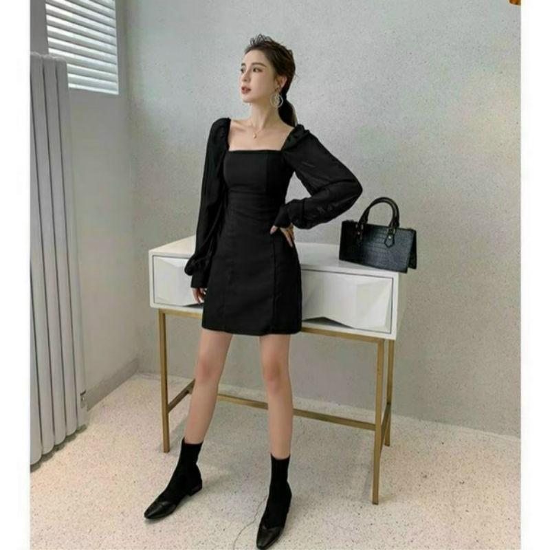 ĐẦM RETRO ĐEN CỔ VUÔNG TAY DÀI