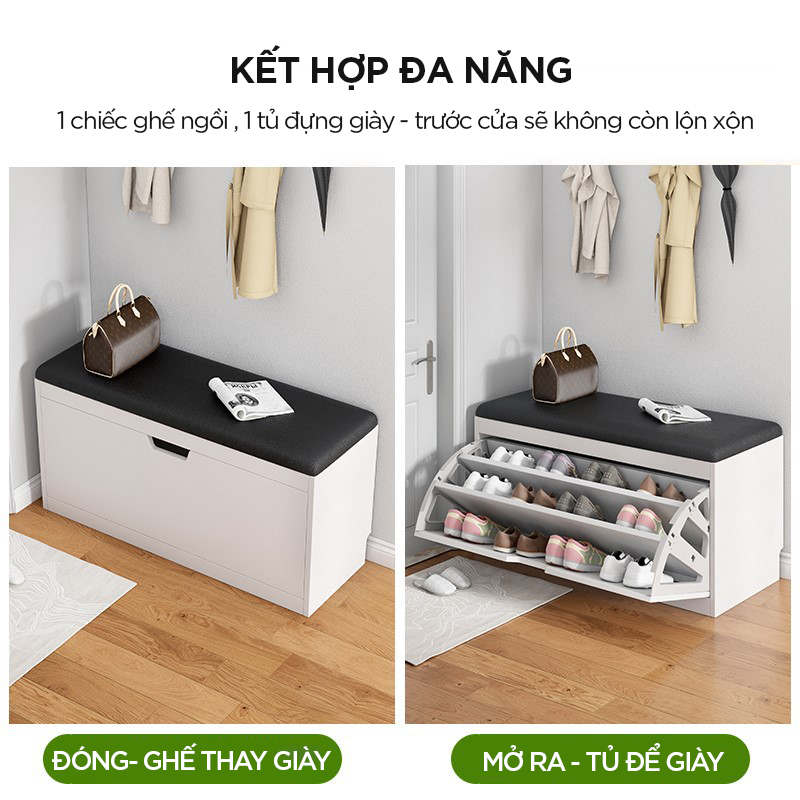 Tủ Giày Gỗ Cánh Lật Kết Hợp Ghế Ngồi Nghỉ Tiện Lợi, Tủ Gỗ MDF Phủ Melamine Chống Nước, Chống Xước