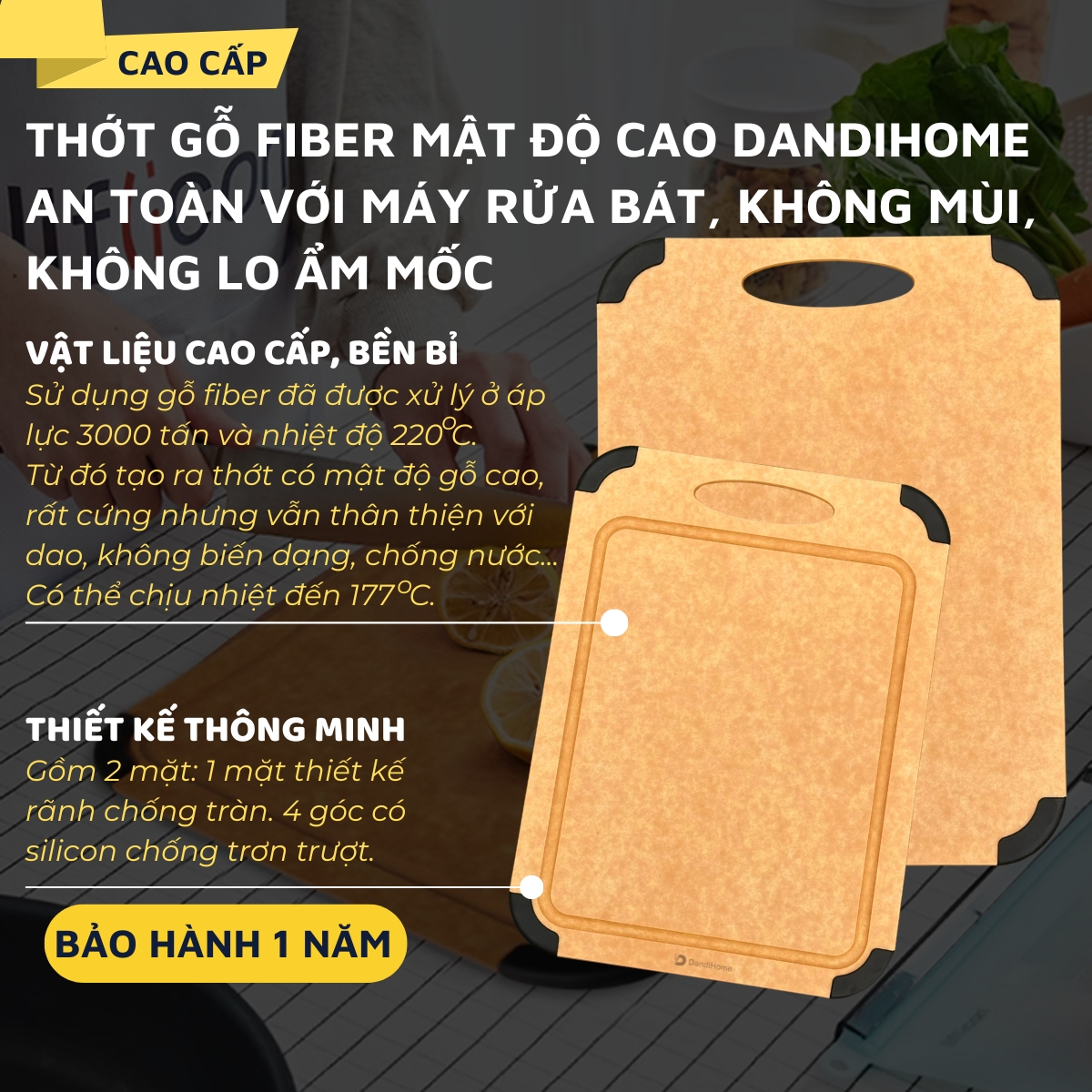Thớt gỗ sợi fiber DandiHome chịu nhiệt 177 độ C, sử dụng với máy rửa bát, không BPA, không mùi, không lo ẩm mốc
