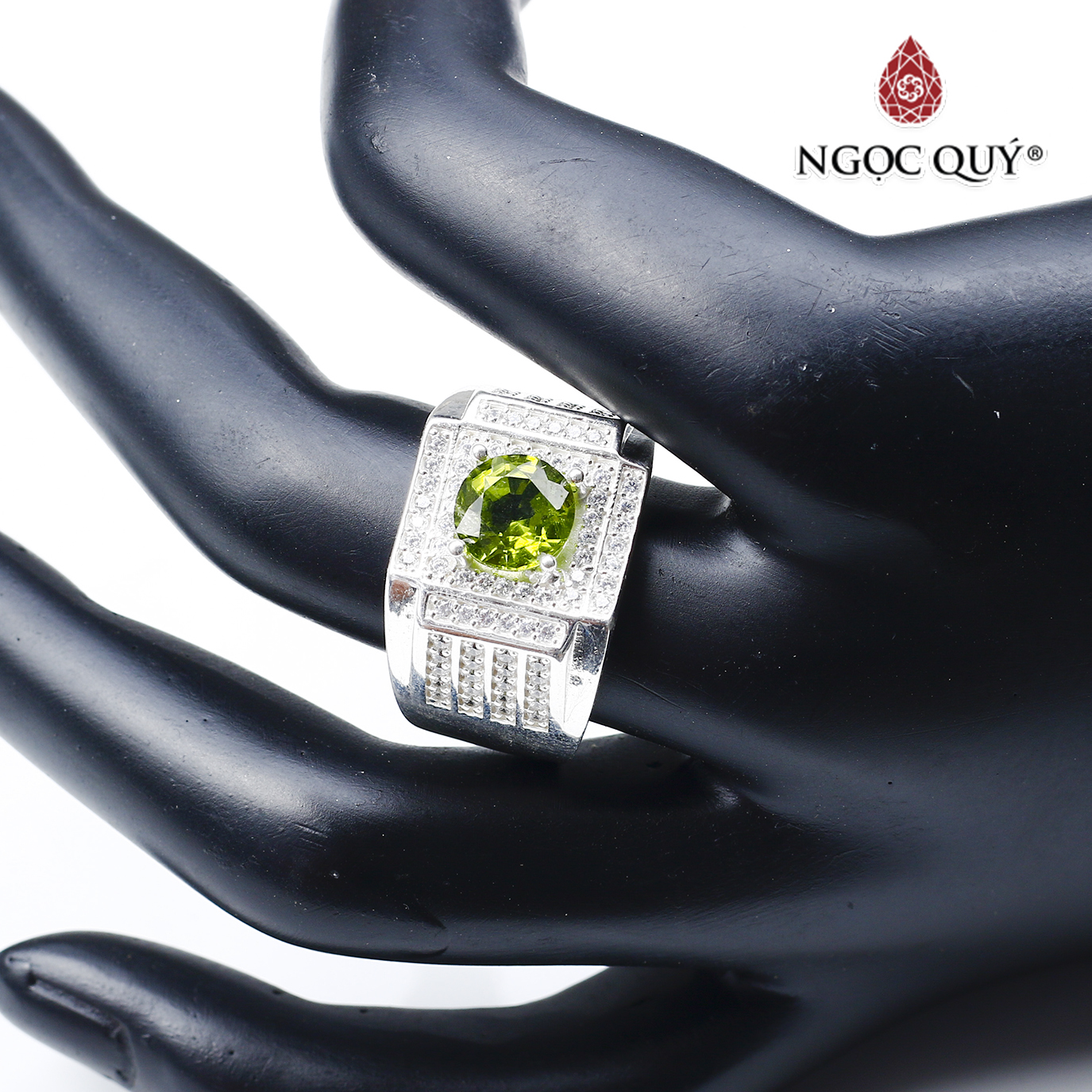 Nhẫn bạc nam mặt đá peridot 20mm mệnh hỏa, mộc - Ngọc Quý Gemstones