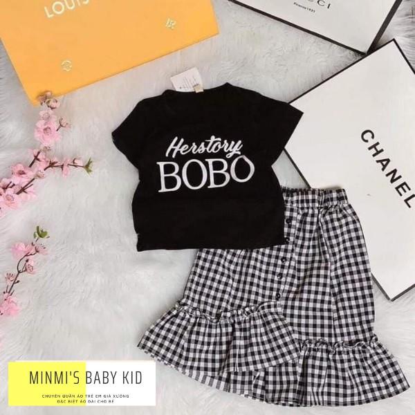 Set Đồ Bé Gái Áo Thun BOHO Kèm Chân Váy Kẻ Phong Cách Hàn Quốc Hàng Thiết Kế QC Cao Cấp NHÃ UYÊN KIDS