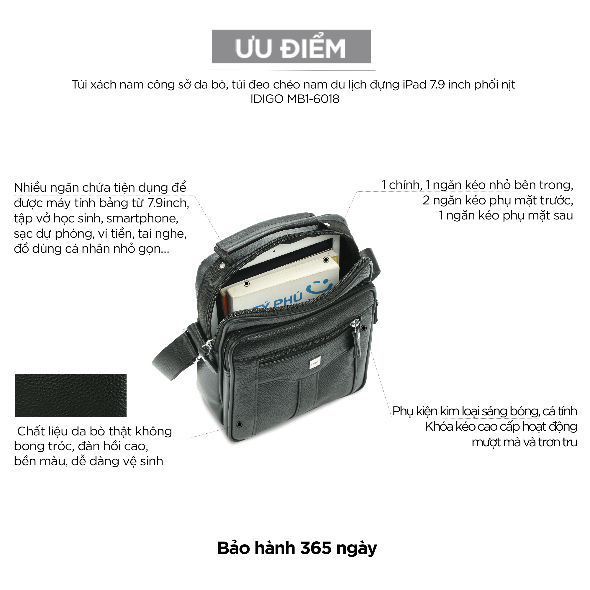 Túi xách nam công sở da thật, túi đeo chéo nam du lịch đựng máy tính bảng 7.9 inch phối nịt IDIGO MB1 - 6018