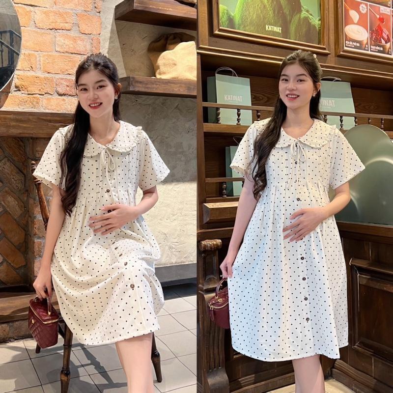 Đầm bầu chấm bi cổ sen phối nút dáng suông cho mẹ mang bầu và sau sinh Váy Bầu Dễ Thương - Bi xanh đen