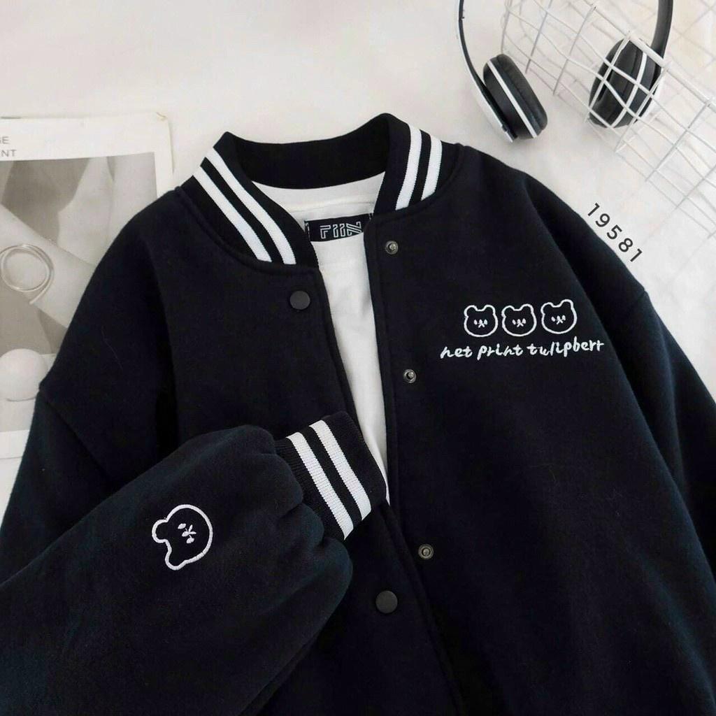 ( VIDEO ) Áo Khoác Cardigan Nỉ Thêu 3 Mặt Con Gấu Siêu Cute - Bomer Jacket Thu Đông - From Rộng Unisex Nam Nữ Couple