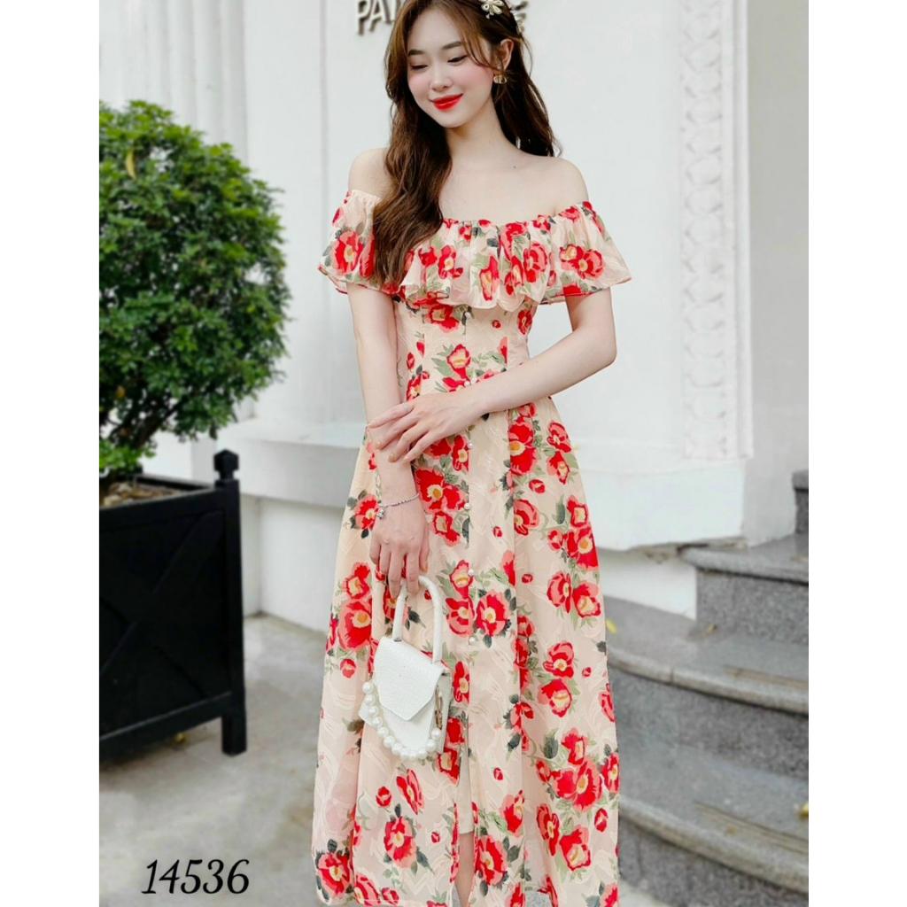 Đầm váy voan nữ du lịch ngày hè thêu in hoa dự tiệc trễ vai quyến rũ