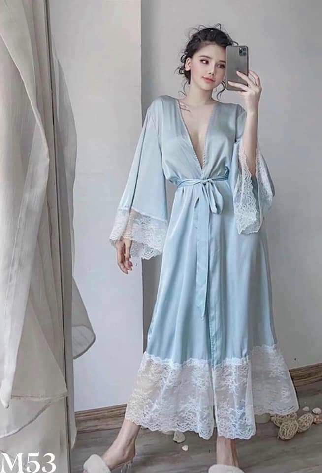[Hantu Sleepwear]-Set áo choàng + váy ngủ lụa dáng dài qua gối mặc nhà sang trọng ,sexy-Màu xanh xám kèm đai áo choàng