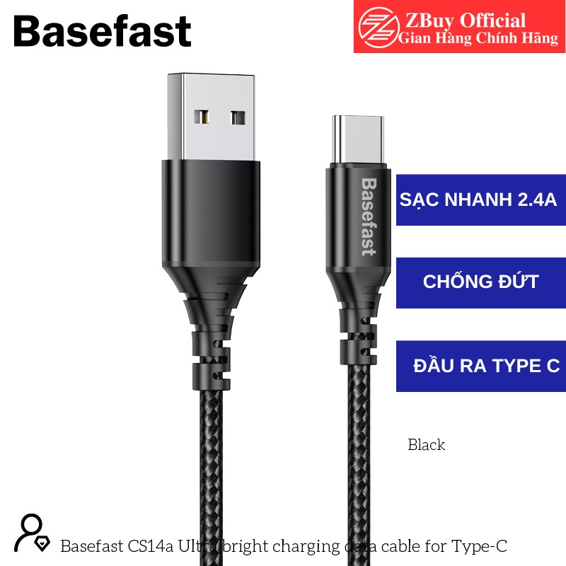 Dây sạc TypeC Chính hãng Basefast - Cáp bọc dù sạc nhanh cho máy Android , samsung , xiaomi CS14A - Hàng Chính Hãng