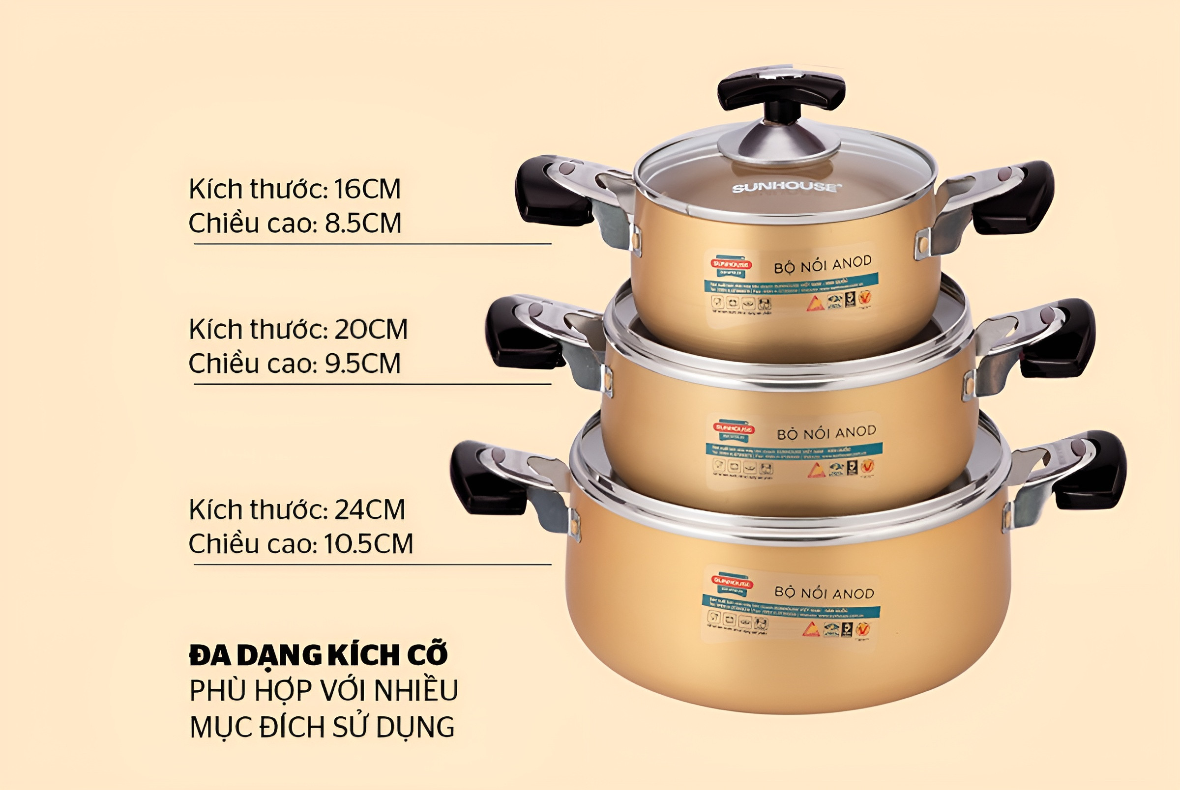 Bộ 3 nồi nhôm anod Sunhouse SH6634N 16-20-24cm hàng chính hãng