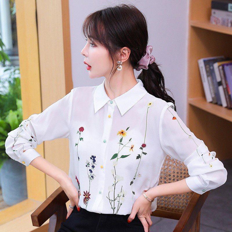 Áo Sơ Mi Nữ Tay Dài Công Sở Phối Họa Tiết Hoa Nhỏ Phong Cách Hàn Quốc Thời Trang EMEY LUXURY Cực Hot