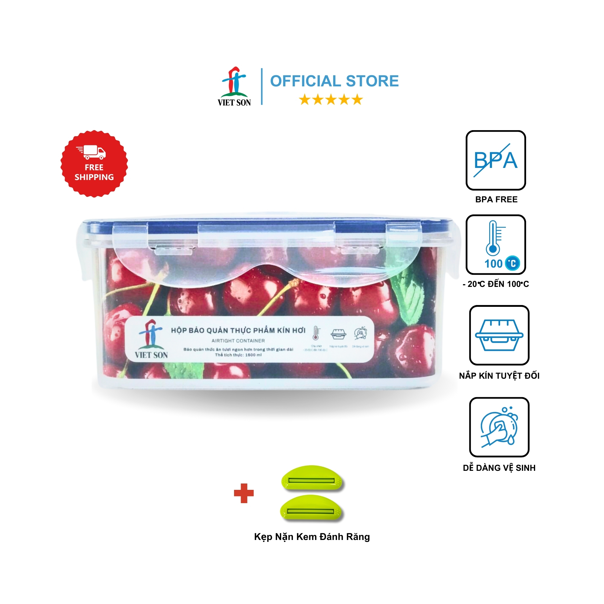 Hộp Đựng Thực Phẩm VIETSON 1600ml Nắp Khóa 4 Cạnh Kín Hơi