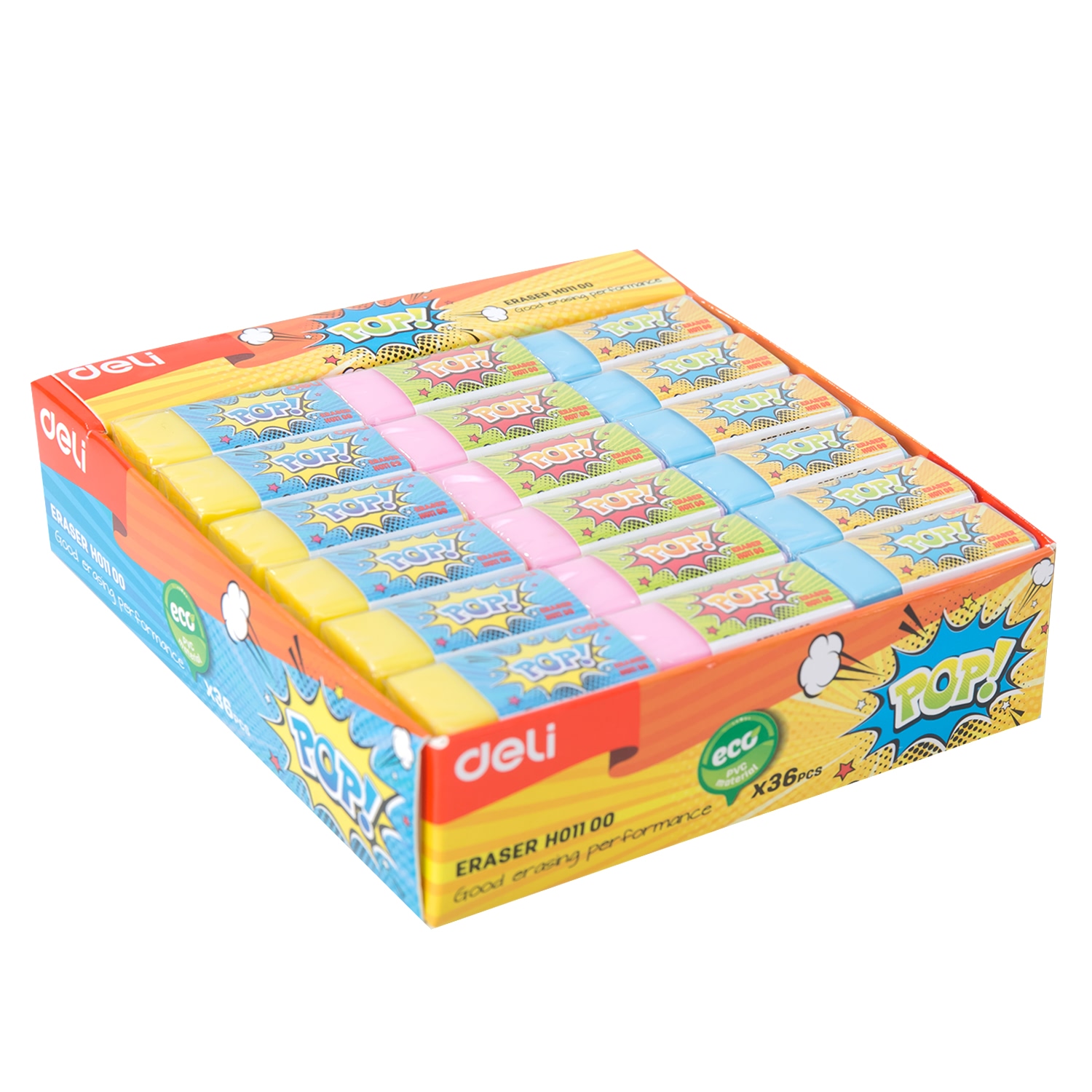 Tẩy 2B Deli, 35×15×15Mm, Hồng/Xanh Lá/Xanh Dương - 36 Viên/Hộp - EH01100