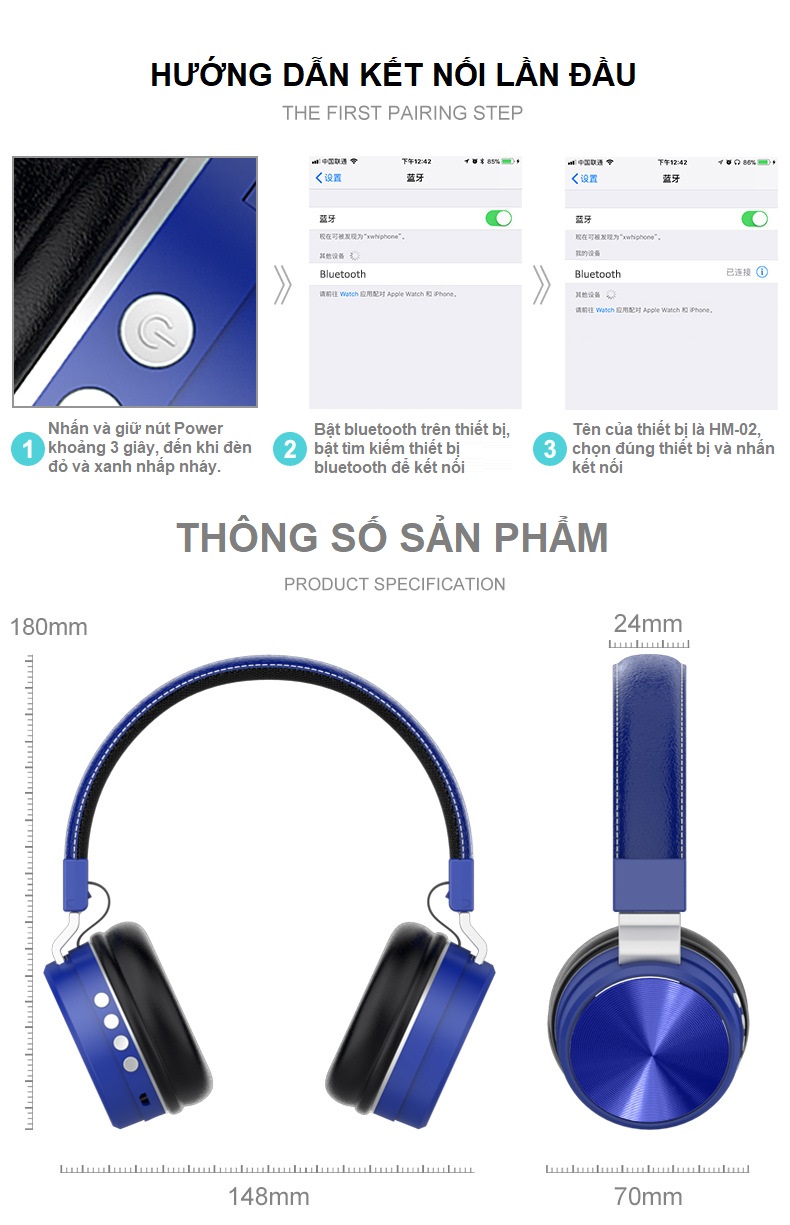 Tai Nghe Headphone Bluetooth Không Dây FM Cao Cấp (Màu Đỏ)