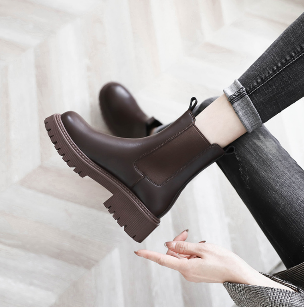 [ Size 35- 40] Giày boot nữ cổ thun ngắn ĐẾ DẦY màu nâu ĐƠN GIẢN GBN122C